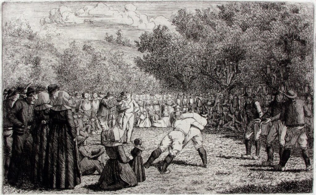 illustration ancien, en noir et blanc, d'un tournoi de gouren, lutte bretonne.